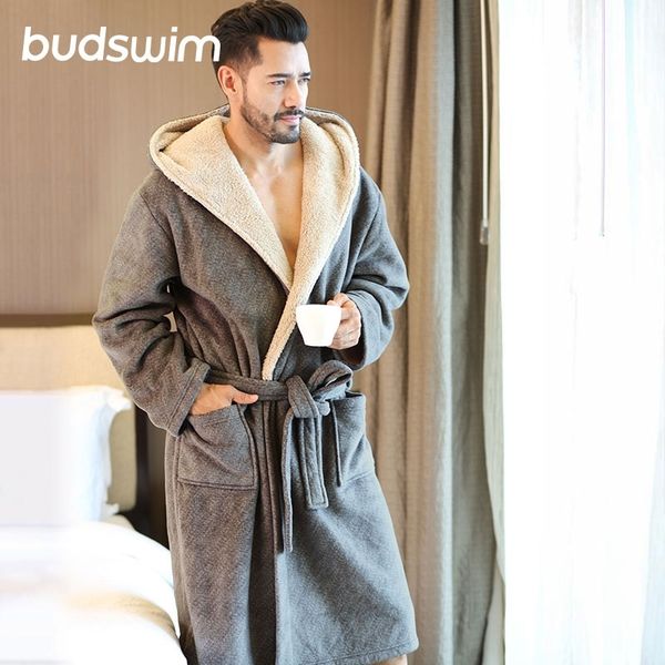 

winter men plus size bathrobes hooded flannel long bath robe male comfort gray long home warm dressing gown sleep wear nightwear 201125, Black;brown