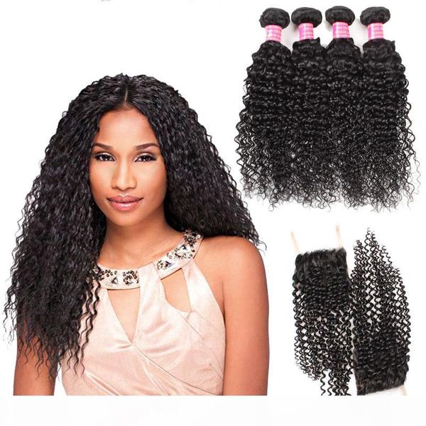

factory price 8a mink brazilian curly wave 4 bundles with 4*4 lace closure middle three part good virgin human hair extensions, Black