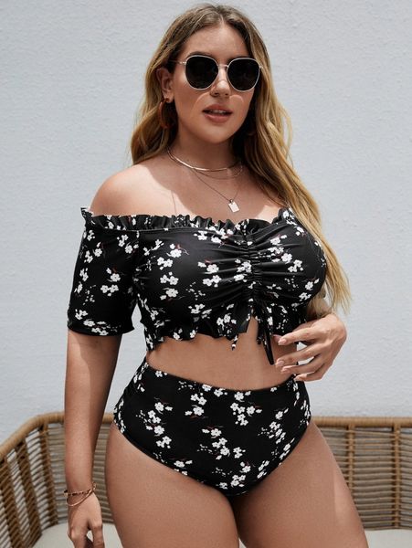 

plus floral print frill trim bikini swimsuit 92pu#, Black