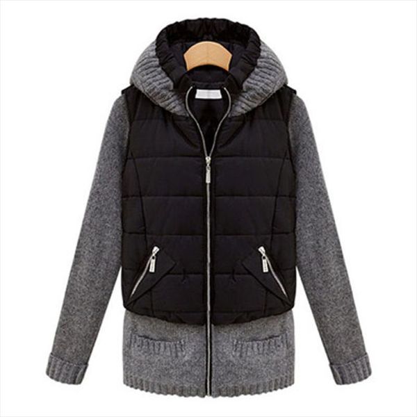 

autumn and winter new european and american women slim warm stitching false two pieces of cotton hooded cotton jacket al08081, Black