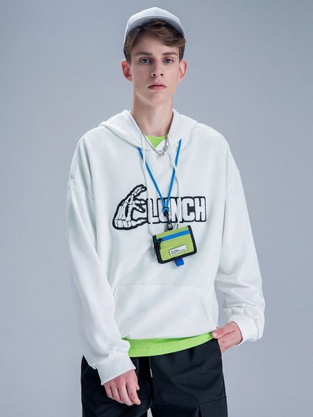 

men skeleton & letter graphic hoodie f91f#, Black