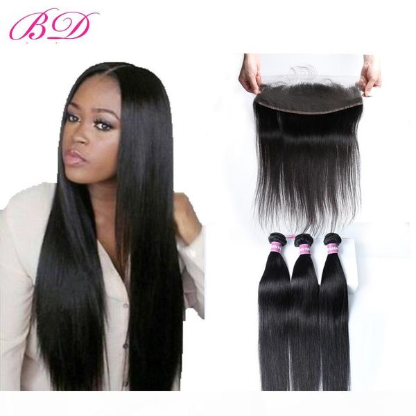 

bd brazilian straight virgin hair 100% malaysian indian peruvian 3 bundles with frontal closure dyeable full cuticle ear to ear, Black;brown