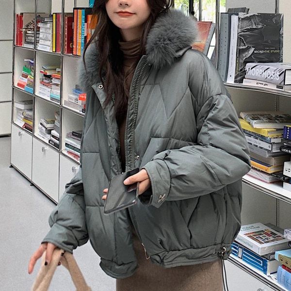 

2020 winter white down jacket women artificial fur collar korean style oversized short quilted coat, Black