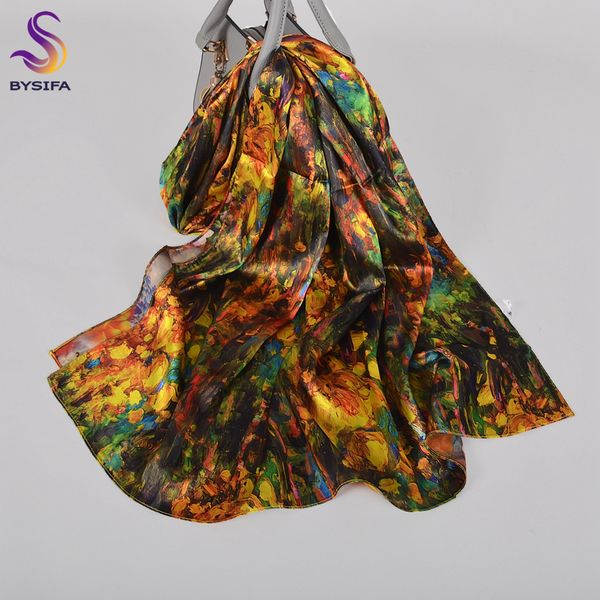 

bysifa] coffee gold satin silk scarf new women 100% silk feeling long scarves shawls double faces brand silk head scarf160*70cm y201007, Blue;gray