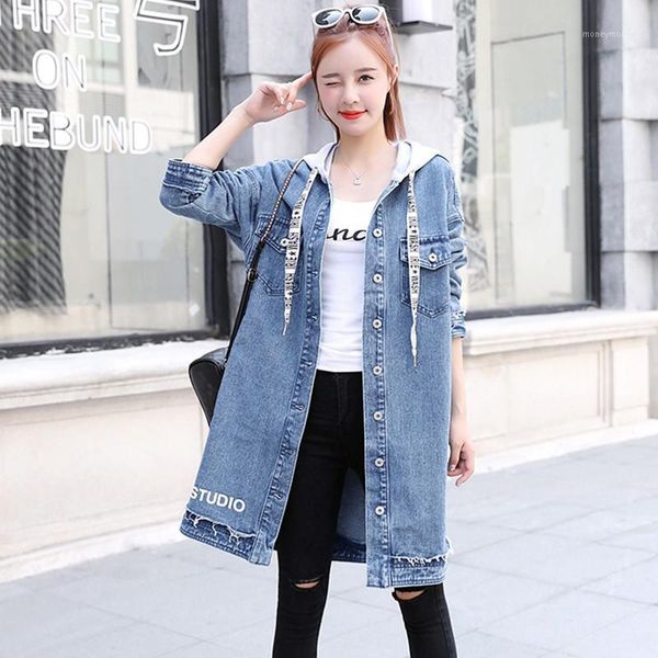 

women's jackets denim jacket women 2021 autumn spring loose long single-breasted jeans outerwear lady korean fashion casual hooded cowg, Black;brown