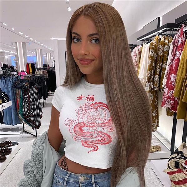 

white chinese character dragon print blouse shirt short sleeve o neck show belly button shirt slim feminine