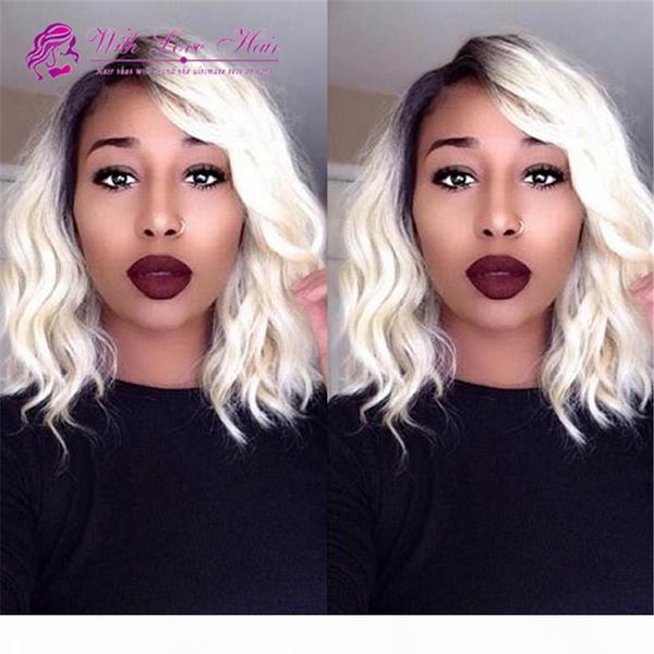 

human brazilian blonde ombre lace front bob wigs two tone colored short bob glueless full lace wigs 130% density, Black