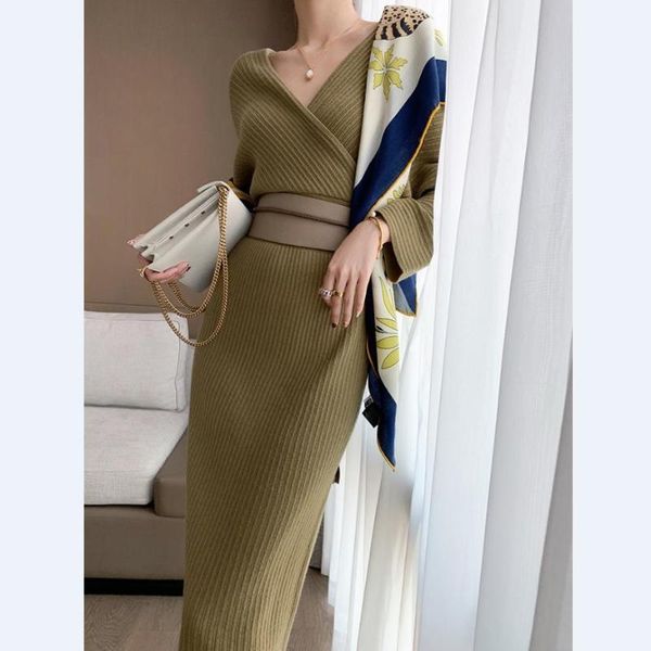 

women 2021 autumn winter elegant v-neck long sleeve sweater dress female casual slim a-line dresses ladies knitted vestido c510, Black;gray