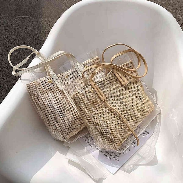 

nxy shopping bags 2022 design luxury handbag women transparent bucket clear pvc weave female crossbody messenger shoulder 220128