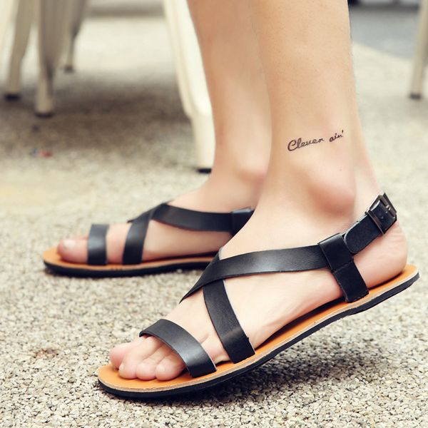 

mens sandals leather men summer shoes 2019 flat beach sandals male black white shoes 12.16 t200420