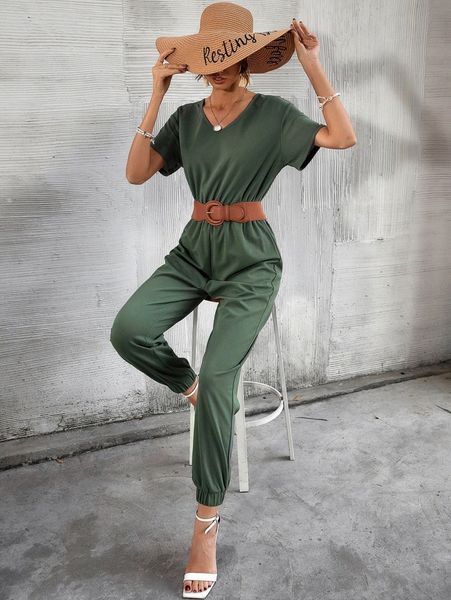 

solid v neck jumpsuit without belt t4og#, White
