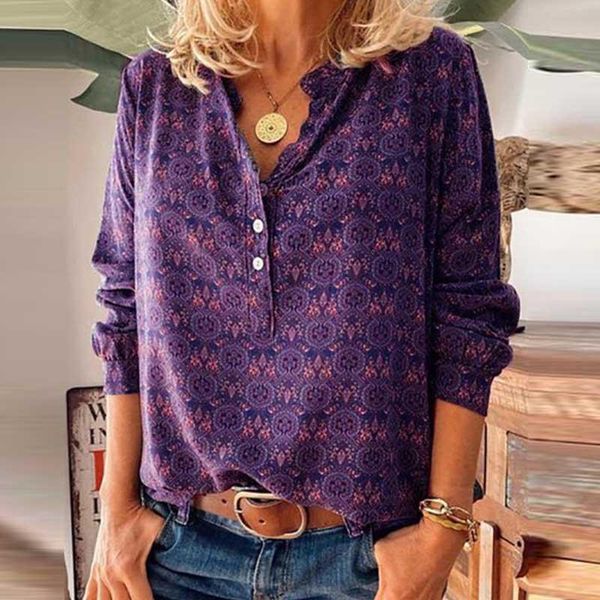 

autumn women vintage print button blouse shirt ladies elegant v neck pullover 2020 casual long sleeve loose shirt, White