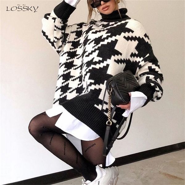

long sweater dress autumn winter fashion houndstooth black turtleneck long sleeve knit pullover clothes for women fall 201225, White;black