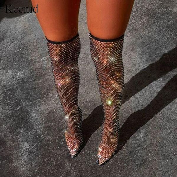 

boots kcenid ladies long bling crystal thigh high women pointed toe stiletto heels over the knee sock shoes women1, Black