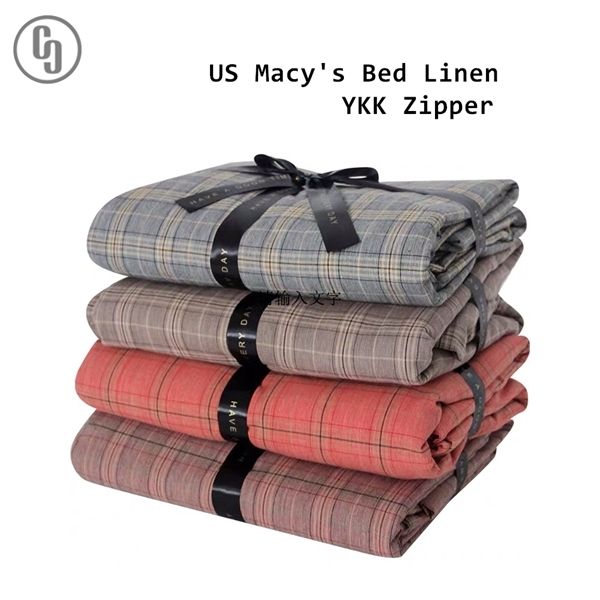 

us macy's bed linen ykk zipper 100% washed cotton pastoral grid bedding set soft duvet cover pillowcase  szie summer 1012