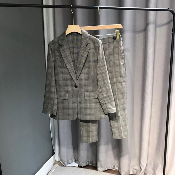 

2021 new ladies fashion plaid wool suit jacket + trousers 2-piece set 0930, White