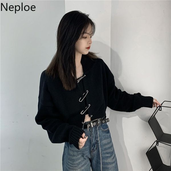 

neploe female sweaters pin open stitch solid vintage style cardigan black women's clothing moda feminina ladies 81185 201023, White;black