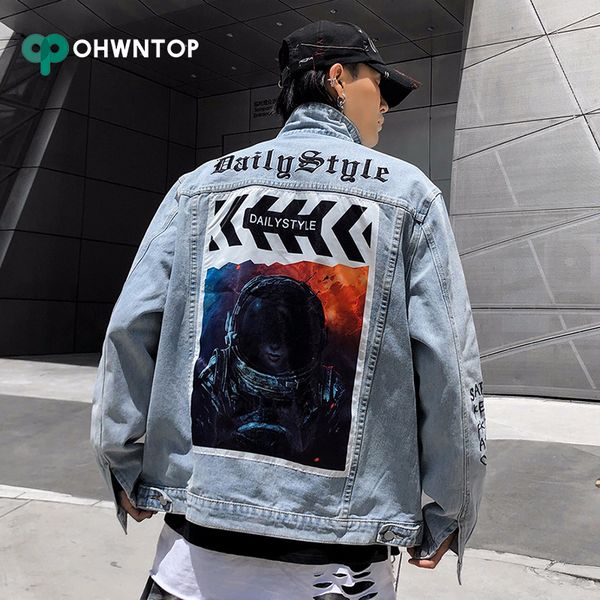 

denim jacket men mens original space character print jeans coat hip hop print jacket streetwear men hombre bomber jacket c1108, Black;brown