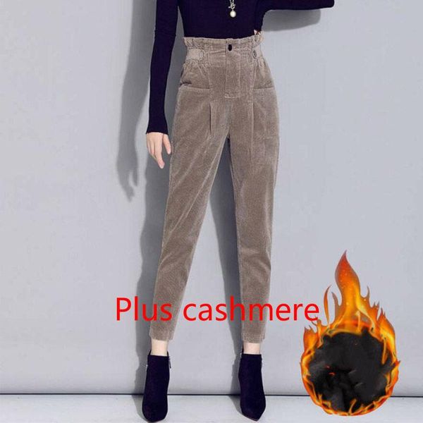 

plus velvet corduroy pants 2021 autumn winter new high waist small feet harem pants elastic waist carrot women, Black;white