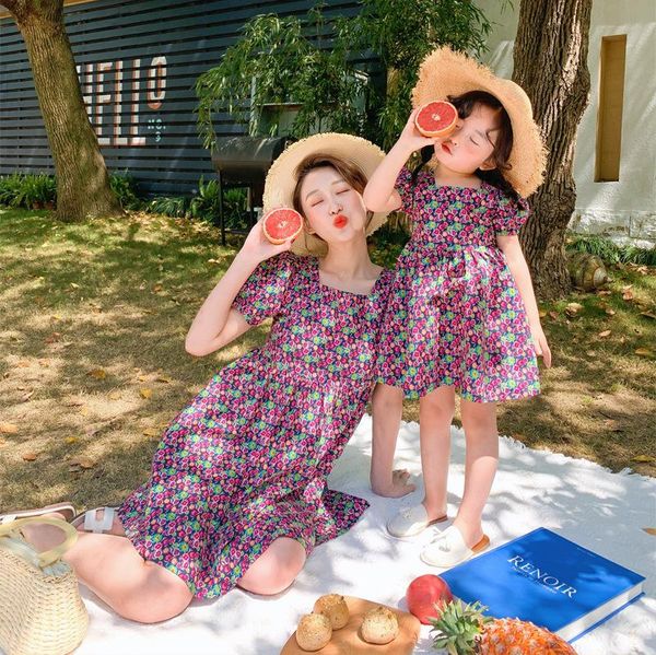 

play parent-child dress girl korean flower dress back oxford flower dress factory direct sale, Blue