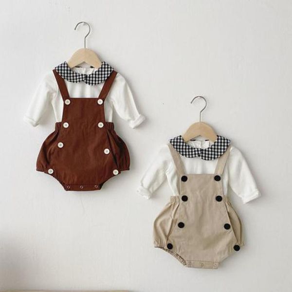 

2021 spring new girl clothes sets kids plaid peter pan collar shirts + 2pcs newborn baby boys overalls outfits set 67nl, White