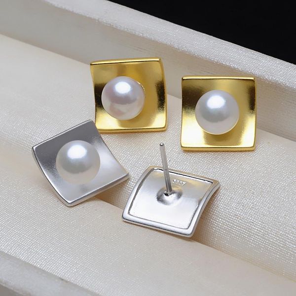 

MeiBaPJ New Fashion 925 Genuine Silver Natural Freshwater Pearl Square Stud Earrings Fine Wedding Jewelry for Women, Golden;silver