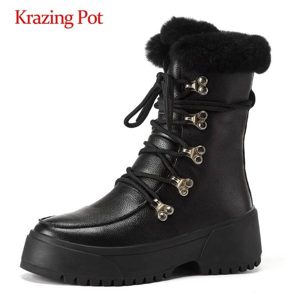 

krazing pot snow boots natural leather flats platform european style round toe thick high heel lace up keep warm ankle boots l32, Black