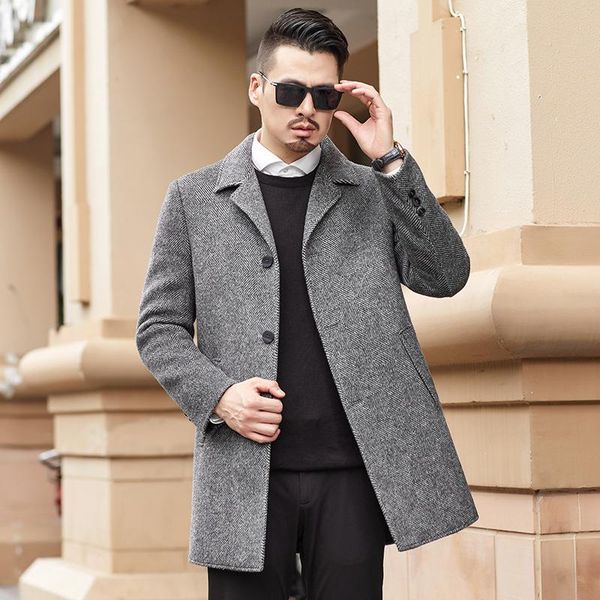 

men's wool & blends woolen coat medium length double faced suit collar autumn / winter 2021 business, Black