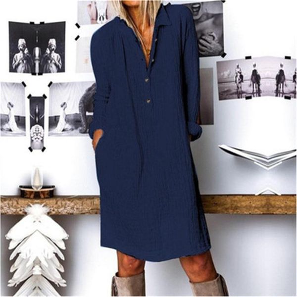 

women shirt dress long sleeve casual loose mini solid color autumn vintage button breathable cotton linen oversize home dresses, Black;gray