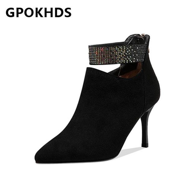 

gpokhds 2021 women ankle boots winter short plush pointed toe zipper crystal high heels female boots size 39, Black