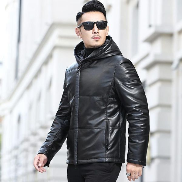 

the new haining leather coats men add wool leather brief paragraph hooded jacket fur coat in winter1, Black