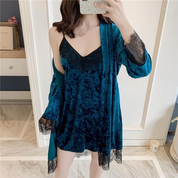 

mechcitiz autumn winter women's robe sleep set velvet sleepwear dressing gown long sleeve pajamas lace bathrobe lingerie lounge1, Black;red