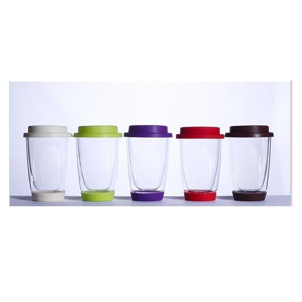 

350ml colorful heat-resistant double wall glass cup with sil cover and bottom clean coffee tea glass mug tea d bbyjji