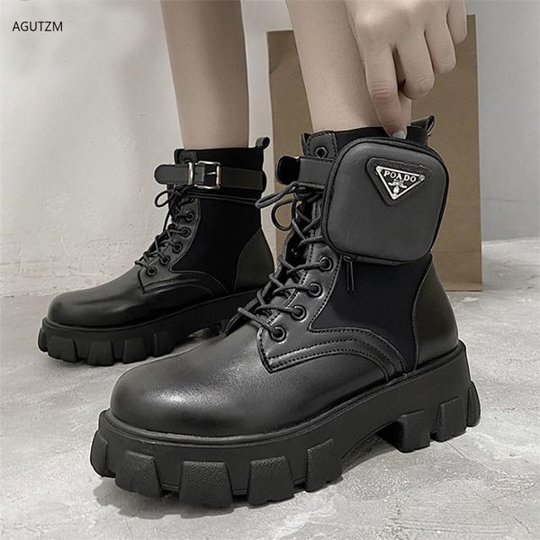 

autumn winter women's thick-soled leather martin boots casual women's boots fashion lace-up high platform, Black