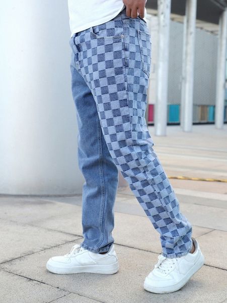 

men plaid straight leg jeans a9zr#, Blue