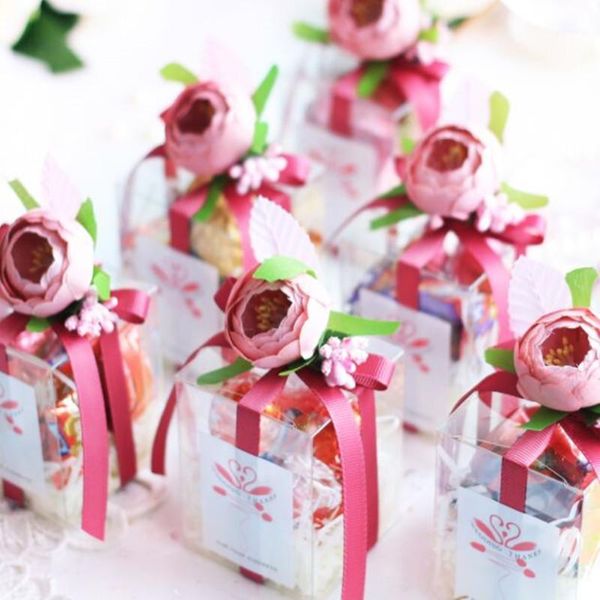 

gift wrap 6x6x8cm 10pcs diy clear / grind arenaceous flower pvc box wedding transparent european silk candy gift1