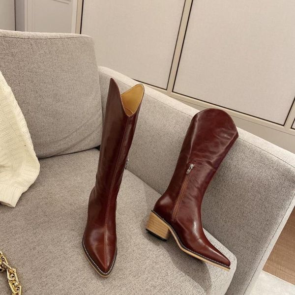 

women shoes 2020 autumn winter new thigh high boots leather pointed middle heel zipper high short boots combat for women, Black