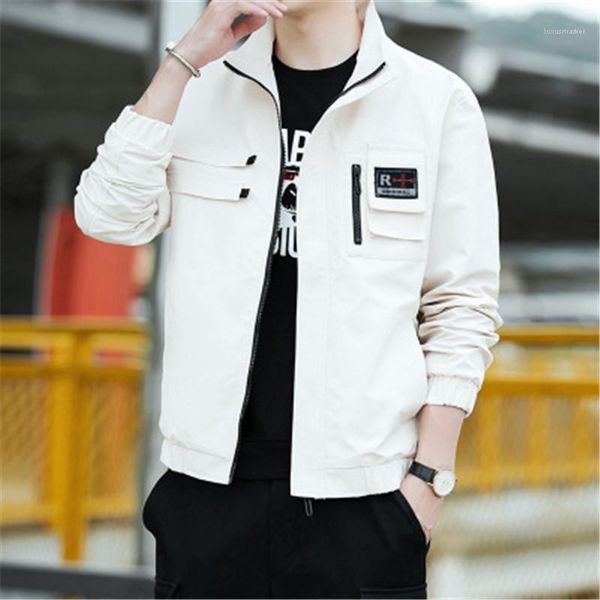 

designer male solid color loose zipzer pocket jackets man stand collar jacket coats fashion korean version casual long sleeve outerwear, Black;brown