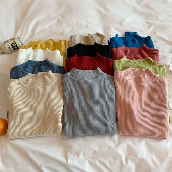 

autumn winter woman sweaters long sleeve korean pullovers women half turtlenecks warm jumpers knitted sweater with neck 201223, White;black