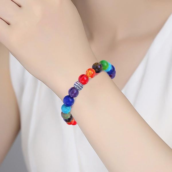 

7 chakra rosary bracelets yoga women black/white/purple weathered lava stone colorful volcanic beads mens bangles stone jewelry
