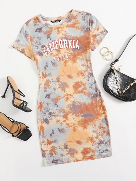 

letter graphic tie dye bodycon dress j8gh#, Black;gray