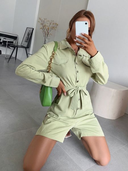 

solid button front shirt romper i5c3#, White