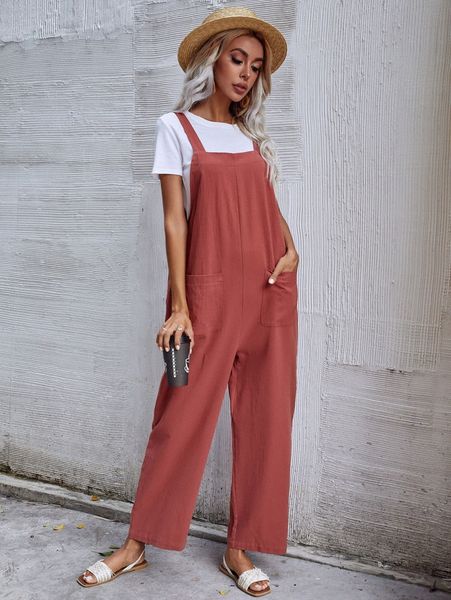 

dual pocket solid overall jumpsuit without tee 48fu#, White