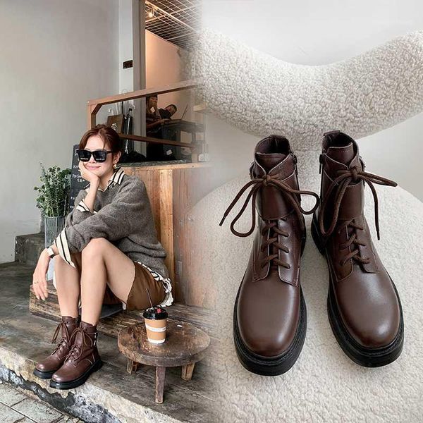 

2020 spring and autumn new wild sponge cake with short boots thick-soled leather boots women's motorcycle tide x4701, Black