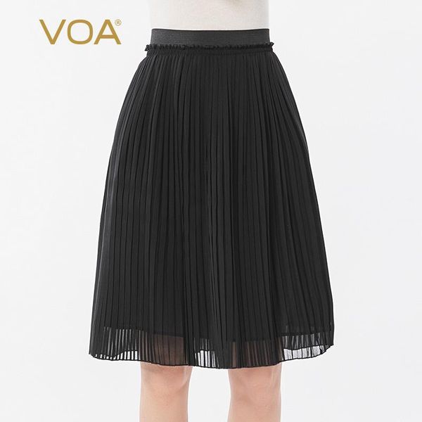 

voa silk 12mm black light georgette silk tendon waist mu er bian style pleated knee-length skirt c811