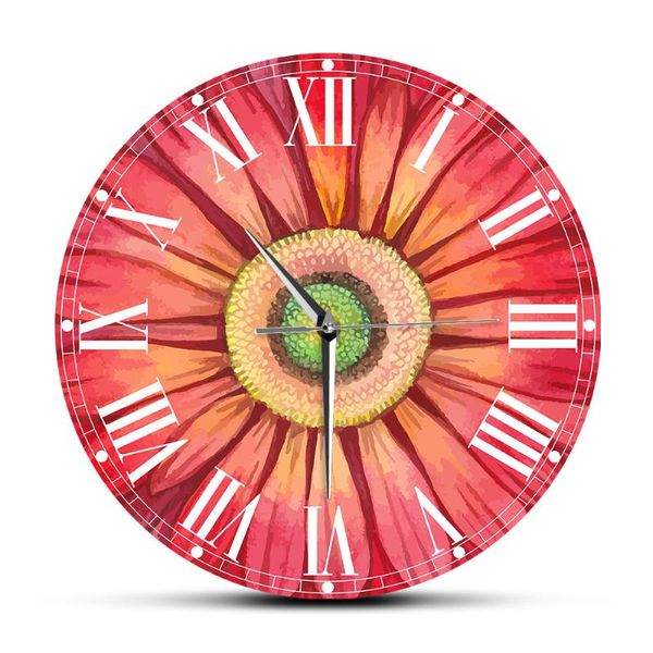 

red watercolour gerbera daisy paints large wall clock watch sunflower floral pattern horologe living room decoration mute clocks