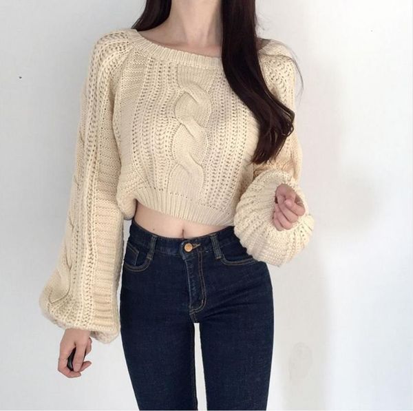 

women's sweaters 2021autumn winter fund simple sweet grainlantern sleeve lovely short sweaterlady, White;black