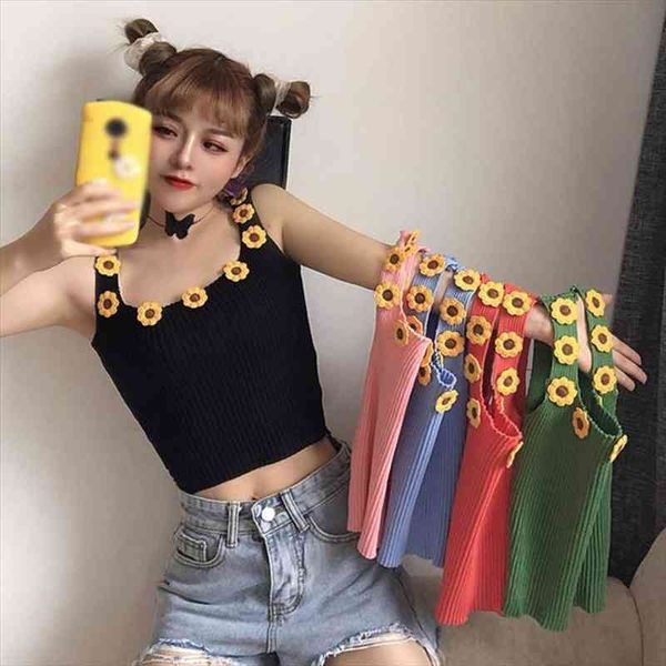 

female knitted tank with flower applique square collar fashion sweet sleeveless crop slim-fit camisole, White