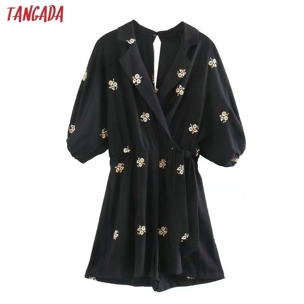 

tangada women floral embroidery cotton playsuits backless short sleeve rompers ladies casual chic jumpsuits 5z174 y200904, Black;white