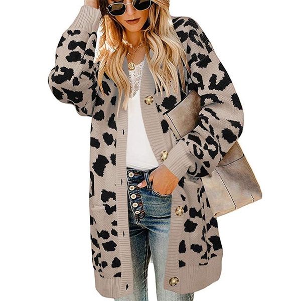 

logami vintage leopard women long cardigan autumn winter casual single breasted knitted sweater coat 201225, White;black